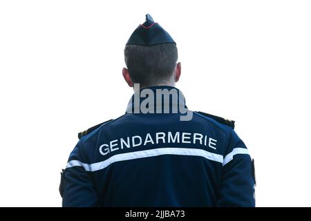 L'illustration montre un policier, un policier ou un gendarmerie de l'arrière avec un uniforme assurant la sécurité à Paris, en France, sur 24 juillet 2022. La police nationale française en action. Photo de Victor Joly/ABACAPRESS.COM Banque D'Images