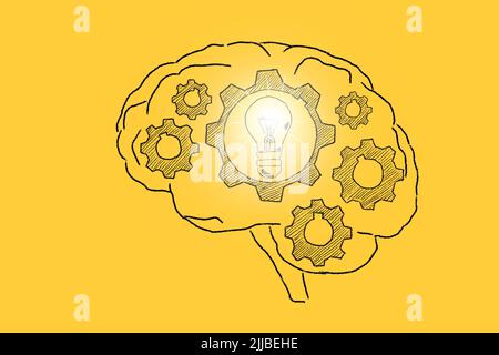 Engrenages avec ampoule à l'intérieur du cerveau humain. Illustration en jaune. Concept d'idée. Banque D'Images