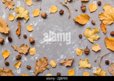 Composition automnale composée de feuilles séchées, de cônes et d'acornes sur table. Flat lay, vue de dessus. Banque D'Images