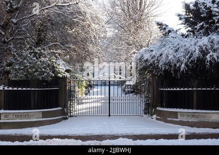 Portes métalliques avec piliers et murs en pierre, à l'entrée de l'allée menant à une vieille maison. Les arbres et les buissons surplombant le chemin chargé de neige. Banque D'Images