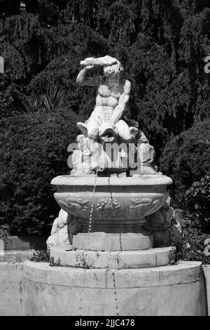 Une photo en niveaux de gris d'une fontaine avec de belles sculptures dans le parc Banque D'Images