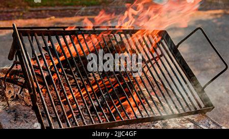 Détail de la grille du gril sur le feu. Boule de feu s'enflamme sur le gril Banque D'Images