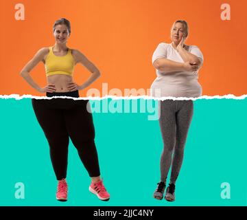 Création d'un collage artistique avec une jeune fille mince et une femme de taille plus portant un uniforme de sport isolé sur fond vert orange. Concept de perte de poids. Banque D'Images