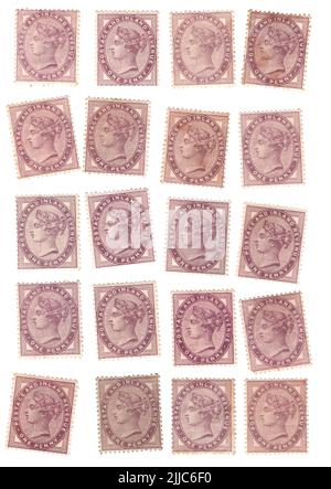 Une sélection de timbres-poste victorien un penny lilas menthe GB sur fond blanc. Banque D'Images