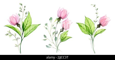 Bouquets de roses aquarelle. Ensemble de trois arrangements floraux. Fleurs claires et transparentes avec des feuilles vertes fraîches dans un style abstrait. Fleurs peintes à la main Banque D'Images