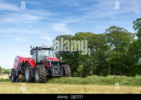 Mise en balle d'herbe sur un pré à l'aide d'un tracteur Massey Ferguson, d'une presse à balles et d'une enrubanneuse 3130DF. Dumfries, Écosse. Banque D'Images