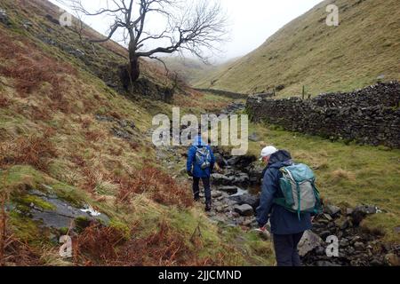 Deux hommes marchant sur un chemin dans la vallée par Dowber Gill Beck près de Kettlewell, Wharfedale, Yorkshire Dales National Park, Angleterre, Royaume-Uni. Banque D'Images