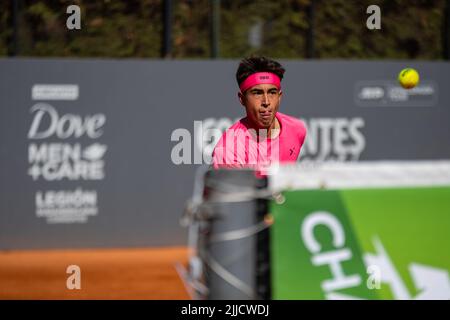 Franco Comesaña joue un match ATP Challenger. Banque D'Images