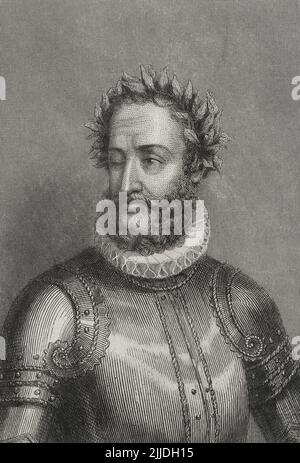 Luis Vaz de Camoes (1524-1580). Écrivain et poète portugais. Auteur de 'OS Lusiadas' (1572). Portrait. Gravure par Geoffroy. 'Historia Universal', par César Cantú. Volume V. 1856. Banque D'Images