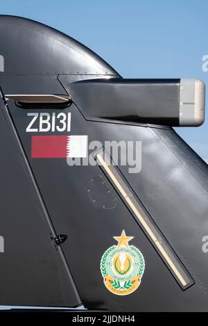 Qatar Emiri Air Force 11 Squadron BAe Hawk Mk.167 au Royal International Air Tattoo, RIAT Airshow, RAF Fairford, Gloucestershire, Royaume-Uni. Badge de queue Banque D'Images