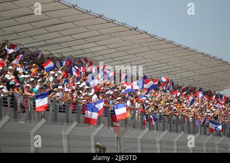 24 2022 juil le Castellet, France - F1 2022 France GP - DÉFILÉ DE CONDUITE - tribune pleine de drapeaux de frenc Banque D'Images