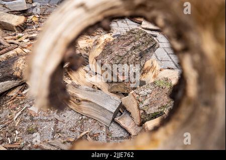 25 juillet 2022, Hessen, Francfort-sur-le-main : le bois de chauffage fraîchement livré se trouve devant un garage appartenant à une maison de rangée. Photo: Frank Rumpenhorst/dpa Banque D'Images