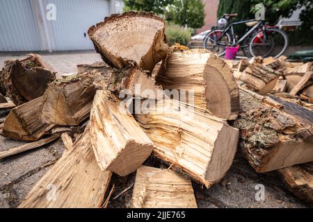 25 juillet 2022, Hessen, Francfort-sur-le-main : le bois de chauffage fraîchement livré se trouve devant un garage appartenant à une maison de rangée. Photo: Frank Rumpenhorst/dpa Banque D'Images