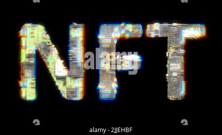 Glitch et aberration chromatique texte cybernétique NFT sur noir, isolé - objet 3D illustration Banque D'Images