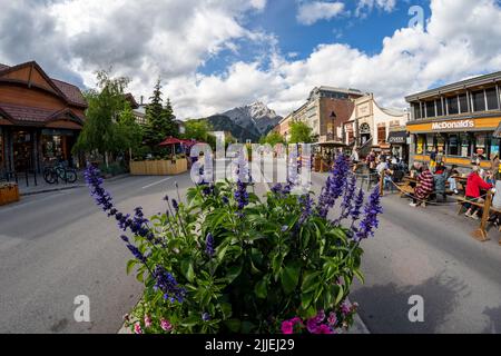 Banff, Alberta, Canada - 10 juillet 2022 : vue imprenable sur la célèbre avenue Banff dans le parc national Banff, au Canada Banque D'Images