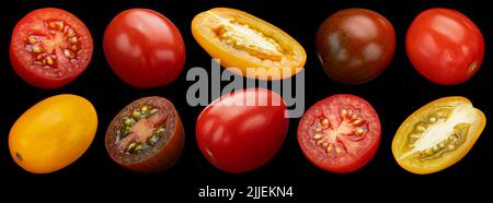 Tomates cerises colorées sur fond noir Banque D'Images