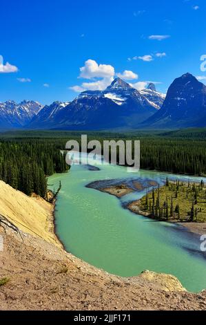 Un paysage vertical d'été du glacier à écoulement rapide a alimenté la rivière Athabasca avec le mont Christie comme toile de fond dans les magnifiques Rocheuses canadiennes. Banque D'Images