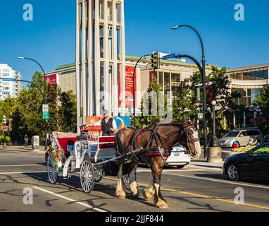 Promenade en calèche à Victoria BC Canada. Une calèche avec des touristes passe devant les bâtiments historiques de Victoria. Photo de voyage, vue sur la rue - juillet Banque D'Images