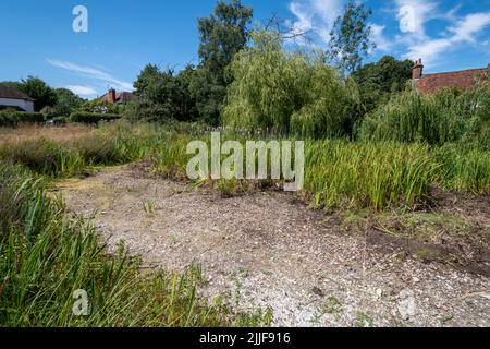 Un étang de village sec pendant la vague de chaleur et la sécheresse de l'été 2022, les conséquences du changement climatique. Newnham village Green, Hampshire, Angleterre, Royaume-Uni Banque D'Images