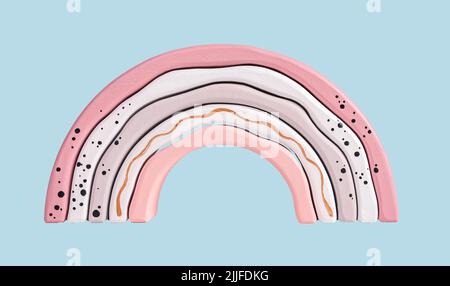 Arc-en-ciel pastel sur fond bleu ciel. Concept d'enfance, de rêve, de météo. Jouet empilable en bois d'arcs.. Photo de haute qualité Banque D'Images