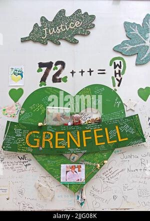 Coeur vert, vert pour coeur Grenfell, rappelez-vous le 72, North Kensington,Londres,UK - UK bloc de Bardage scandale Banque D'Images