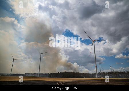 Falkenberg, Allemagne. 26th juillet 2022. Nuages sombres de fumée au-dessus d'un feu de forêt près de Kölsa. Les pompiers de Brandebourg continuent de combattre un grand incendie de forêt dans le district d'Elbe-Elster. Depuis lundi (25,07) il brûle sur une superficie de 800 hectares. Les premiers résidents ont dû quitter leur maison. Credit: Jan Woitas/dpa/Alay Live News Banque D'Images