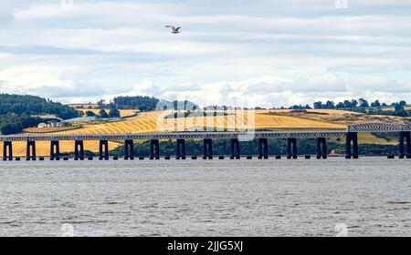 Dundee, Tayside, Écosse, Royaume-Uni. 26th juillet 2022. Météo au Royaume-Uni : nuages inégaux et averses éparses avec quelques épisodes ensoleillés dans le nord-est de l'Écosse, avec des températures atteignant 16°C. Depuis la promenade du bord de mer de Dundee, vue sur Newport-on-Tay et Wormit, deux petites villes du nord-est de Fife, en Écosse. Crédit : Dundee Photographics/Alamy Live News Banque D'Images