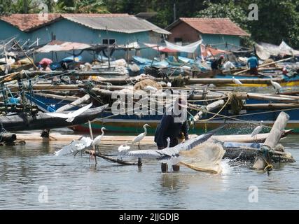 Negombo, Sri Lanka. 26th juillet 2022. Les pêcheurs travaillent dans un village de pêcheurs de Negombo, Sri Lanka, 26 juillet 2022. En raison de la pénurie de mazout, de nombreux pêcheurs sri-lankais se sont tournés vers les voiliers traditionnels motorisés pour pêcher pour vivre. Crédit : Wang Shen/Xinhua/Alay Live News Banque D'Images