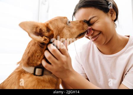 Un chien au gingembre qui lèche le visage de son propriétaire par la fenêtre à la maison Banque D'Images