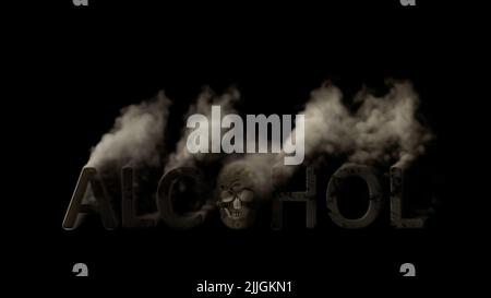 Texte alcool avec crâne fumer sur bg noir, isolé - objet 3D rendu Banque D'Images