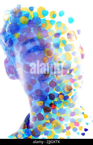 Peinture. Motif peint à la main coloré fusionné avec un portrait Banque D'Images