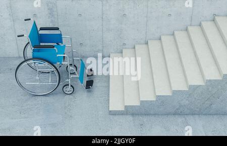 un fauteuil roulant pour personnes handicapées s'arrête devant un escalier. 3d rendu Banque D'Images