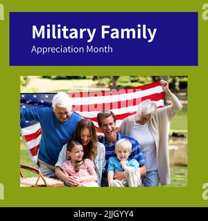 Image du mois de l'appréciation de la famille militaire par rapport à la famille caucasienne heureuse avec drapeau des états-unis Banque D'Images