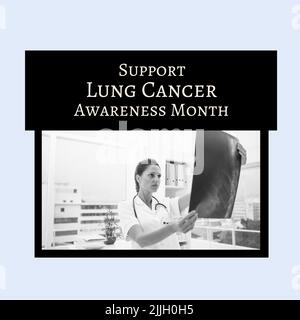 Image du concept de sensibilisation au cancer des poumons sur des photos avec un médecin de race blanche et une photo de radiographie Banque D'Images