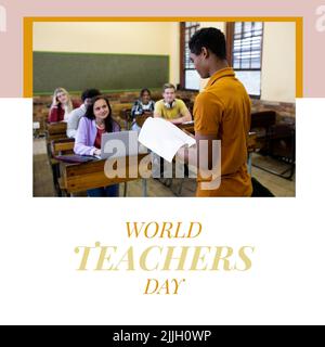 Composition du texte de la journée mondiale des enseignants avec divers enseignants et étudiants sur fond blanc Banque D'Images