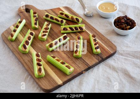 Fourmis maison sur une bûche de céleri, beurre d'arachide et raisins secs sur une planche de bois, vue latérale. Banque D'Images