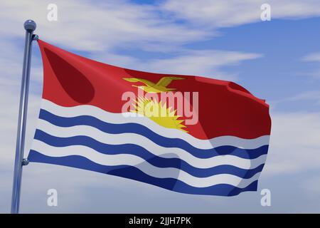 Une illustration de 3D du drapeau de Kiribati avec un mât de pavillon chromé sur fond bleu ciel Banque D'Images