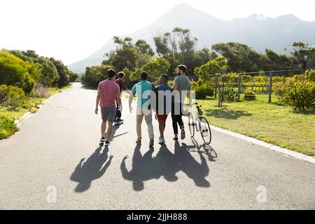 Vue arrière d'amis masculins multiraciaux avec marche à vélo sur la route au milieu des arbres luxuriants en été Banque D'Images