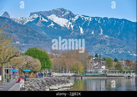 Un paysage du lac Léman depuis la promenade au bord du lac à Vevey, Suisse. (Mise au point sélective) Banque D'Images