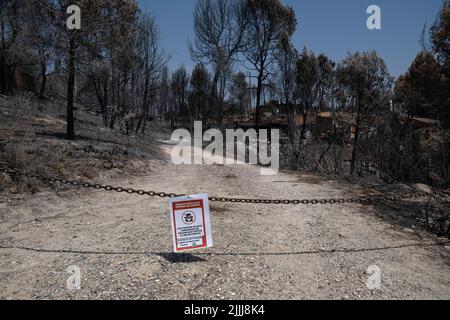 Une maison affectée est vue dans l'urbanisation du Parc de la rivière, Pont Vilomara, Barcelone. Traces de feu sur la végétation et les éléments urbains après le feu sur 17 juillet qui a dévasté 1 500 hectares laissant quelques maisons brûlées à Pont de Vilomara (Barcelone) aux portes de Sant Llorenç del Munt i l, parc naturel d'Obac. Banque D'Images