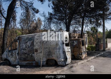 Des voitures sont brûlées dans l'urbanisation River Park, Pont Vilomara, Barcelone. Traces de feu sur la végétation et les éléments urbains après le feu sur 17 juillet qui a dévasté 1 500 hectares laissant quelques maisons brûlées à Pont de Vilomara (Barcelone) aux portes de Sant Llorenç del Munt i l, parc naturel d'Obac. Banque D'Images