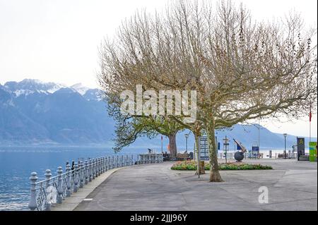 Un paysage du lac Léman depuis la promenade au bord du lac à Vevey, Suisse. (Mise au point sélective) Banque D'Images