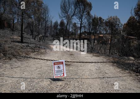 Barcelone, Catalogne, Espagne. 25th juillet 2022. Une maison affectée est vue dans l'urbanisation du Parc de la rivière, Pont Vilomara, Barcelone. Traces de feu sur la végétation et les éléments urbains après le feu sur 17 juillet qui a dévasté 1 500 hectares laissant quelques maisons brûlées à Pont de Vilomara (Barcelone) aux portes de Sant Llorenç del Munt i l, parc naturel d'Obac. (Image de crédit : © Paco Freire/SOPA Images via ZUMA Press Wire) Banque D'Images