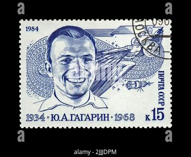 Yury Gagarin (1934-1968), premier astronaute russe soviétique, a annulé le timbre imprimé en URSS (Union soviétique). Banque D'Images