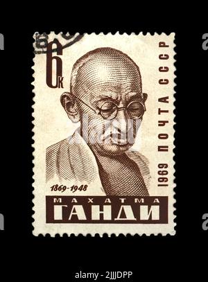 Mahatma Gandhi (1869-1948) aka Mohandas Karamchand Gandhi, célèbre activiste indien, annulé timbre imprimé en URSS Banque D'Images