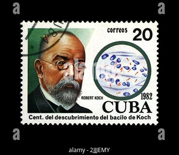 Le timbre postal imprimé à Cuba montre le scientifique de la tuberculose, explorateur, découvreur du bacille de la tuberculose Robert Koch (1843-1910), vers 1982 Banque D'Images