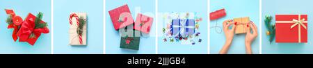 Collage avec de nombreux cadeaux de Noël et décor sur fond bleu clair, vue du dessus Banque D'Images