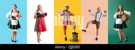 Ensemble de personnes en costumes traditionnels allemands avec bière et en-cas sur fond de couleur Banque D'Images