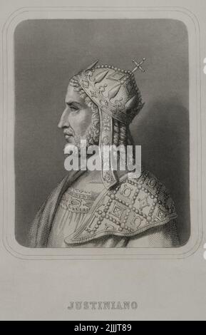 Justinien I le Grand (482-565). Empereur de l'Empire romain de l'est. Portrait. Gravure. 'Historia Universal', par César Cantú. Volume VIII 1858. Banque D'Images