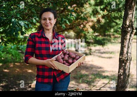 Agréable paysanne latino-américaine souriante regardant l'appareil photo, portant une boîte en bois avec des pommes de terre fraîchement récoltées Banque D'Images